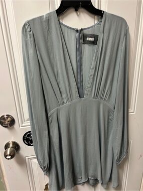 Reformation Dusty Sage Long-Sleeve V-Neck Mini Dress